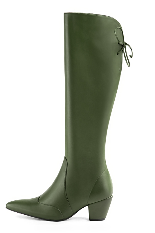 Forest green women's knee-high boots, with laces at the back. Tapered toe. Medium cone heels. Made to measure. Profile view - Florence KOOIJMAN